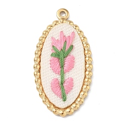 Ярко-Розовый 304 Подвески из нержавеющей стали и ткани, овальные вышитые цветочные подвески, золотые, ярко-розовый, 32.5x16.5x3 мм, отверстие : 1.4 мм