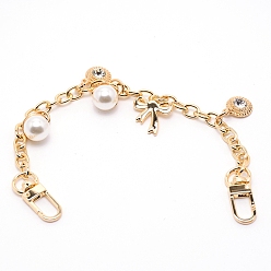 Light Gold Alloy Dangling Cable Chain, with Clasps & Glass Rhinestone & ABS Imitation Pearl Beads, for Bag Accessories Replacement, Light Gold, 26x0.75cm