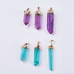 (52) Непрозрачная лаванда Гальванические хрустальные подвески природного кварца, с латунной найти, золотые, разноцветные, 32~48x8~12x6.5~11.5 мм, отверстие : 5x6 мм
