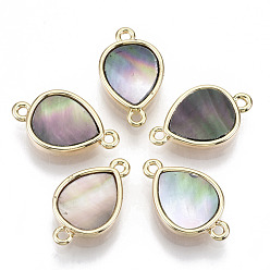 Black Lip Shell Brass Links Connectors, with Black Lip Shell, Nickel Free, Real 18k Gold Plated, Teardrop, 17x10x3mm, Hole: 1.2mm