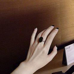 Платина Овальные 925 кольца из стерлингового серебра с натуральным черным агатом для женщин, платина, овальный : 18x14 mm, размер США 4 1/4 (15 мм)