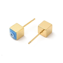 Deep Sky Blue Long-Lasting Plated Cube with Enamel Evil Eye Stud Earring, Real 18K Gold Plated Brass Jewelry for Women, Deep Sky Blue, 6x6mm, Pin: 0.8mm