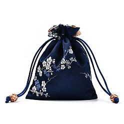 Prussian Blue Silk Packing Pouches, Drawstring Bags, with Wood Beads, Prussian Blue, 14.7~15x10.9~11.9cm