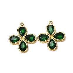 Golden 303 Stainless Steel & Glass Pendants, Four-Leaf Clover Charms, Faceted, Ion Plating(IP), Long-Lasting Plated, Golden, 19x16.5x3.5mm, Hole: 1.5mm