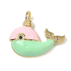 Светло-зеленый Латунные микропаве прозрачные подвески с фианитом, прелести кита, с эмалью, без свинца и без кадмия, стойки покрытие, долговечный, реальный 18 k позолоченный, с целью перехода в кольце, светло-зеленый, 12.5x18x3 мм, отверстие : 3 мм