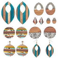 Mixed Color 12Pcs 6 Style Resin & Walnut Wood Pendants, Opaque, Waxed, Teardrop & Rhombus & Leaf & Flat Round, Mixed Color, 2pcs/style