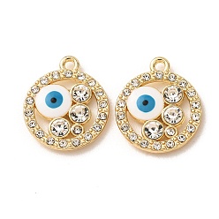 Blanco Colgantes de la aleación del esmalte, redondo con amuletos de mal de ojo, con diamante de imitación, dorado, chapado en rack, sin cadmio y níque y plomo, blanco, 20x17x3 mm, agujero: 1.7 mm