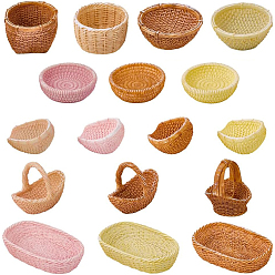 Mixed Color 34Pcs 17 Styles Resin Rattan Basket Mini Model, Micro Landscape Dollhouse Accessories, Pretending Prop Decorations, Mixed Color, 26~47x13~32x9.5~33mm, 2pcs/style