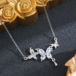 Silver Brass Pave Clear Cubic Zirconia Butterfly Pendant 201 Stainless Steel Cable Chain Necklaces for Women, Ion Plating(IP), Silver, 15.75 inch(40cm)