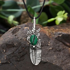 Malachite Synthetic Malachite Alloy Feather Pendant Black PU Leather Cord Necklaces, Antique Silver, 17.72 inch(45cm)