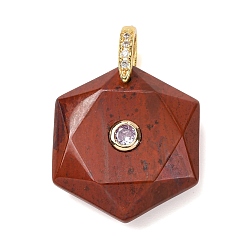 Красный Камень Граненые подвески из натуральной красной яшмы, шестиугольные подвески с латунными микропаве из прозрачных кубических цирконий в качестве застежек., золотые, 28.5x25.5x8 мм, отверстие : 6.5x4 мм