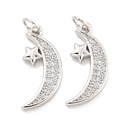 Платина Покрытие стойки латунь микропаве прозрачные подвески из кубического циркония, с прыжковых колец, долговечный, без свинца и без кадмия, луна, платина, 20x9x2 мм, отверстие : 3 мм