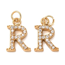 Letter R 304 Stainless Steel with Crystal Rhinestone Charms, Letter Charms, Polished, Ion Plating(IP), Golden, Letter R, 12.5x9x2mm, Hole: 2.5mm