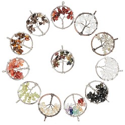 Gemischte Stein 12 Stk. 12 Farben Edelsteinanhänger, mit Messing-Zubehör, flach rund mit Baum des Lebens, 29x5~7 mm, Bohrung: 4.5 mm