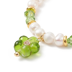 Yellow Green Lampwork Flower Charm Bracelet, Natural Pearl & Glass Beaded Dainty Bracelet for Women, Yellow Green, 7-1/2 inch(19cm)