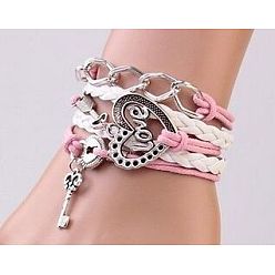 Сердце Браслеты из замши и искусственной кожи, вязанные из нескольких нитей, регулируемые браслеты из сплава, сердце, 7-1/8 дюйм (18 см)