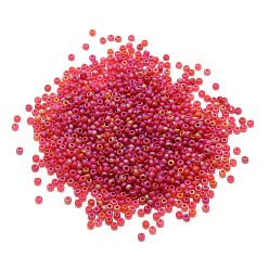Red 12/0 Grade A Round Glass Seed Beads, Transparent Frosted Style, AB Color Plated, Red, 2x1.5mm, Hole: 0.8mm, about 30000pcs/bag