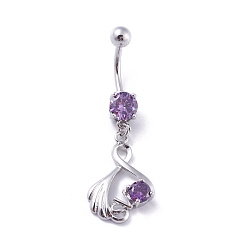Lilac Piercing Jewelry, Brass Cubic Zirciona Navel Ring, Belly Rings, with 304 Stainless Steel Bar, Lead Free & Cadmium Free, Lilac, 47mm, Pendant: 25x15mm, Bar: 14 Gauge(1.6mm), Bar Length: 3/8"(10mm)