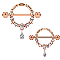 Ring 304 Кольца для сосков из нержавеющей стали со стразами, розовое золото , кольцо, 16 мм, штифты : 1.6 мм