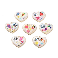 (52) Непрозрачная лаванда Стойки обшивки сплава эмали подвески, cmолой, сердце со сглазом и цветочным оберегом, без кадмия, без никеля и без свинца, золотые, разноцветные, 21x25x3.5 мм, отверстие : 1.6 мм