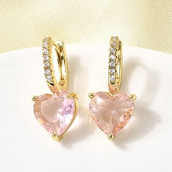 Бледно-Розовый Серьги-кольца в форме сердца с микропаве из кубических цирконий из латуни, со стеклом, долговечный, стойки покрытие, золотые, розовый жемчуг, 23.5x10.5x11.5 мм