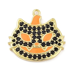 Real 18K Gold Plated Rack Plating Brass Cubic Zirconia Pendants, Lead Free & Cadmium Free, Cat Charm, Real 18K Gold Plated, 19.5x20x1.7mm, Hole: 1.2mm