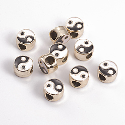 Light Gold Feng Shui Legierung Emaille europäische Perlen, Großloch perlen, flach rund mit Yin-Yang-Muster, weiß und schwarz, Licht Gold, 11x7 mm, Bohrung: 4.5 mm