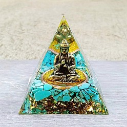 Синтетическая Бирюза Генераторы энергии смолы оргонитовой пирамиды, Синтетическая бирюзовая крошка рейки и золотая латунная статуя Будды внутри для украшения домашнего рабочего стола, 60x60x60 мм