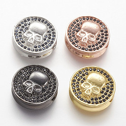 Mixed Color Brass Micro Pave Cubic Zirconia Beads, Flat Round with Skull Pattern, Black, Mixed Color, 14.5x4.3mm, Hole: 1.7mm