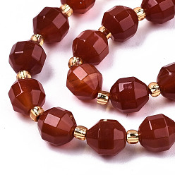 FireBrick Natural Agate Beads Strands, Faceted, with Seed Beads, Dyed, Round, FireBrick, 8x7.5mm, Hole: 1.2mm, Beads: 3.5x2mm, about 34pcs/strand, 15.35 inch(39cm)