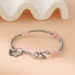 Розовый Кварц Из нержавеющей стали браслеты из бисера, с натуральным розовым кварцем бисера, бабочка, 6-1/4 дюйм (16 см)