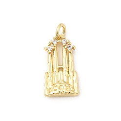 Настоящее золото 18K Латунные микропаве прозрачные подвески с фианитом, башенное очарование, без свинца и без кадмия, долговечный, стойки покрытие, реальный 18 k позолоченный, 18x10x3.5 мм, отверстие : 3 мм