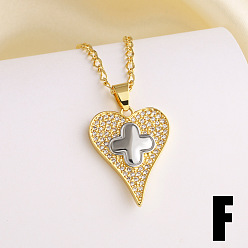 Cross Подвеска в виде сердца из латуни с микропаве из прозрачных кубических цирконий, двухцветная., реальный 18 k позолоченный, крестик, 17.32 дюйм (44 см)