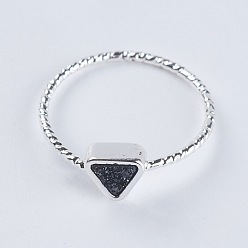 Hematite Plated Natural Druzy Agate Finger Rings, with Brass Findings, Triangle, Silver Color Plated, Hematite Plated, US Size 4 1/4(15mm)