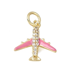 Pink Латунные микропаве прозрачные кубические циркониевые подвески, с эмалью, прелести самолета, без кадмия и без свинца, стойки покрытие, долговечный, реальный 18 k позолоченный, розовые, 14x14x2.5 мм, отверстие : 3 мм