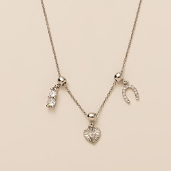 Платина Подвески в форме сердца и подковы из латуни с прозрачным кубическим цирконием для женщин, платина, 17.72 дюйм (45 см)