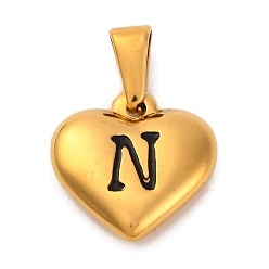 Letter N 304 подвески из нержавеющей стали, сердце с черной буквой, золотые, Письмо N, 16x16x4.5 мм, отверстие : 7x3 мм