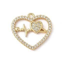 Настоящее золото 18K Латунные микро проложить кубического циркония подвески, прелести в форме сердца, стойки покрытие, без свинца и без кадмия, реальный 18 k позолоченный, 18x19x3 мм, отверстие : 1.6 мм