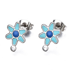Deep Sky Blue 304 Stainless Steel Enamel Stud Earring Findings, with Loop and Ear Nuts/Earring Backs, Flower, Deep Sky Blue, 12.5x9mm, Hole: 1mm, Pin: 0.8mm