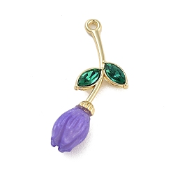 Фиолетовый Сплав смолы цветок кулоны, подвески-розы со стеклянным листом, золотые, фиолетовые, 32.5x14.5x7.5 мм, отверстие : 1.6 мм