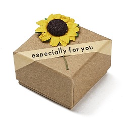 Светло-коричневый Подарочные коробки из крафт-бумаги с искусственными подсолнухами снаружи для колец, квадратный, загар, 5.7x5.7x3.7 см
