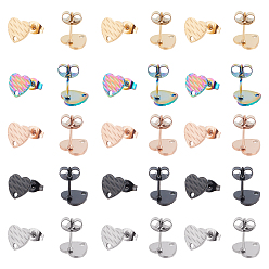 Mixed Color 30Pcs 5 Colors Ion Plating(IP) 304 Stainless Steel Stud Earring Findings, with Ear Nuts, Textured Heart, Mixed Color, 12x9mm, Hole: 1.4mm, Pin: 0.7mm, 6pcs/color