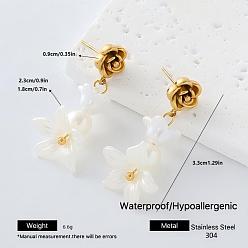 Flor 304 Pendientes colgantes de resina y acero inoxidable para mujer, dorado, con perlas de imitación, flor, 33 mm