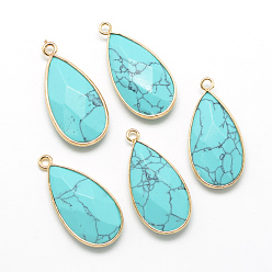 Pale Turquoise Synthetic Turquoise Pendants, with Golden Tone Brass Findings, Faceted, teardrop, Pale Turquoise, 32.5~33x16x6mm, Hole: 2.5mm