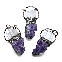 Красная Медь Большие подвески из гальванизированного необработанного натурального аметиста и кварцевого кристалла, подвески-самородки с латунными кольцами, Красная медь, 57~64x30.5~31.5x23.5~26.5 мм, отверстие : 6.5 мм