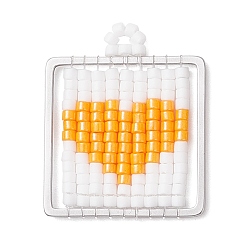 Оранжевый Квадратный стеклянный бисер ручной работы с подвесками в форме сердца, с 304 соединительным кольцом из нержавеющей стали, оранжевые, 24.5x20.5x1.5 мм, отверстие : 2 мм