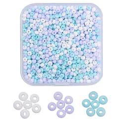 Light Sky Blue 3 Colors 8/0 Opaque Glass Seed Beads, Round Hole, Frosted Colours, Round, Light Sky Blue, 3~4x2~3mm, Hole: 0.8mm, about 550~600pcs/color, 1650~1800pcs/box