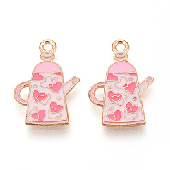 Pink Подвески из эмали и сплава, чайник с подвеской в виде сердца, золотой свет, розовые, 22x14.8x1.2 мм, отверстие : 1.8 мм