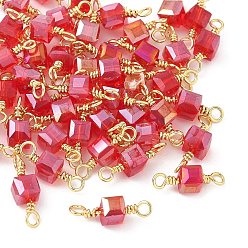 Светло-Вишневый Стеклянные граненые кубические соединители подвески, с петлями из латунной проволоки, реальный 18 k позолоченный, стойки покрытие, долговечный, светло-вишневый, 12~14x4.5x4 мм, отверстие : 1.6 мм