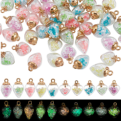 (52) Непрозрачная лаванда 80шт. 10 стили светящийся стеклянный подвесной светильник, с позолоченной сплавочной фурнитурой, светящиеся в темноте чары, подвеска в виде капли и сердечка, разноцветные, 20~25x14~15x9~15 мм, отверстие : 2 мм, 8 шт / стиль